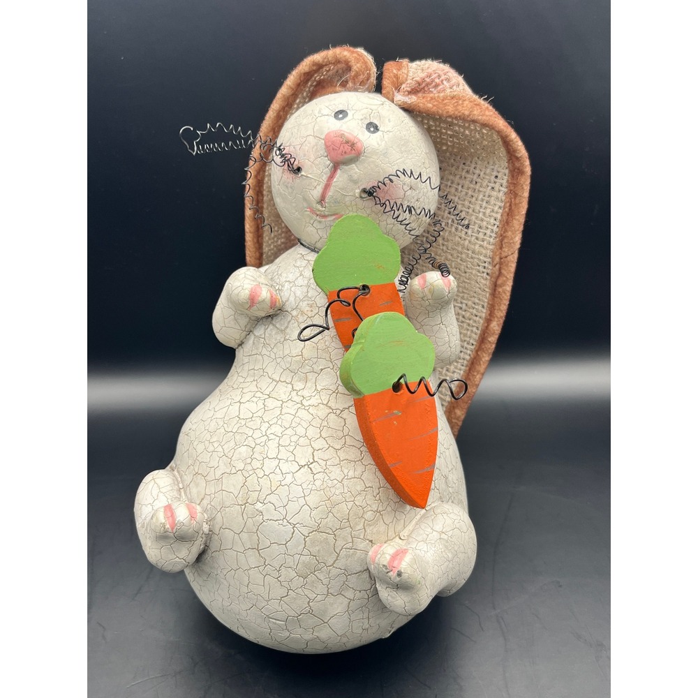 Rustic Easter Bunny Rabbit Crackle Glaze Burlap Ears Carrots Spring Decor 8"‎